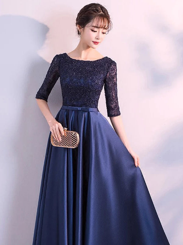 Evening Dresses Dark Navy Long evening dress Lace Satin Bow Sash Half Sleeve Formal Gowns