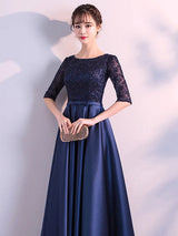 Evening Dresses Dark Navy Long evening dress Lace Satin Bow Sash Half Sleeve Formal Gowns