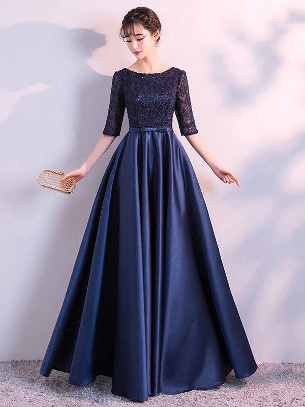 Evening Dresses Dark Navy Long evening dress Lace Satin Bow Sash Half Sleeve Formal Gowns