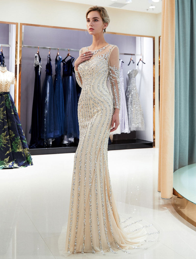 Evening Dresses Long Sleeve Light Grey Mermaid Beading Illusion Luxury Formal Gowns