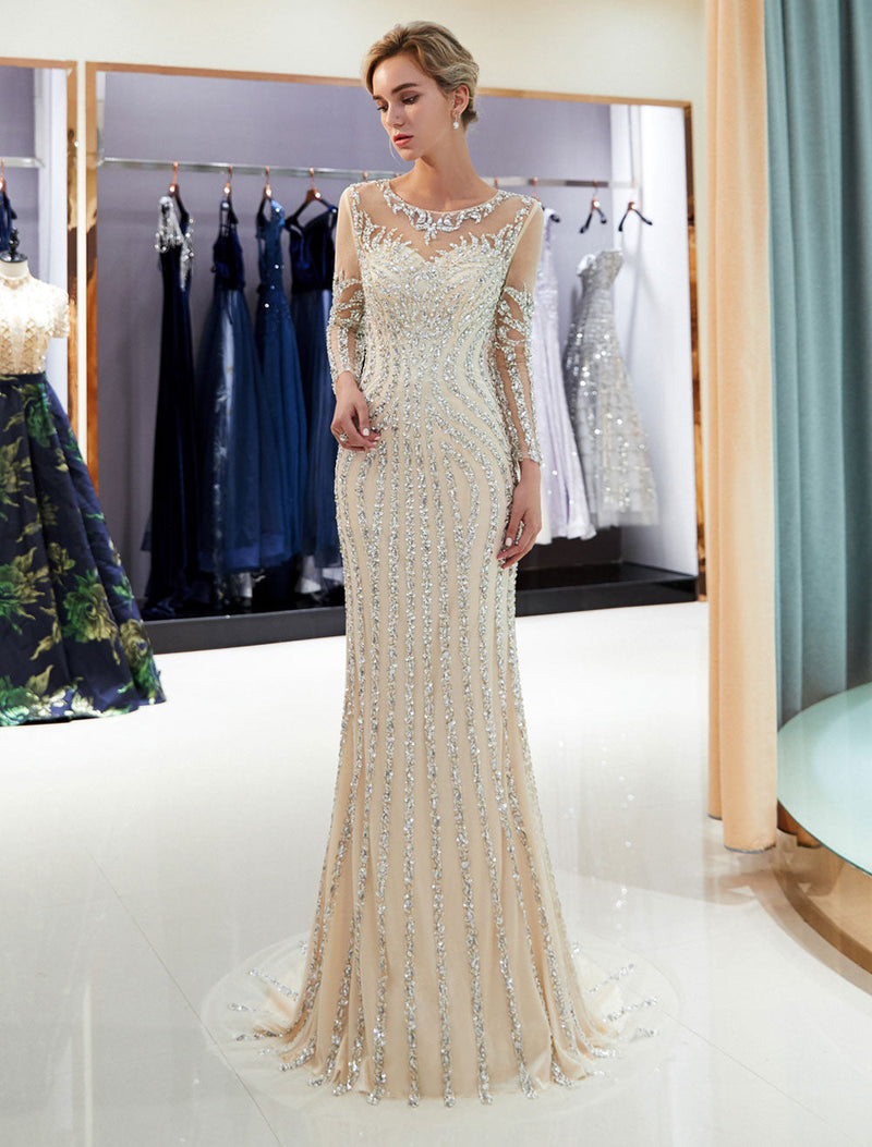 Evening Dresses Long Sleeve Light Grey Mermaid Beading Illusion Luxury Formal Gowns