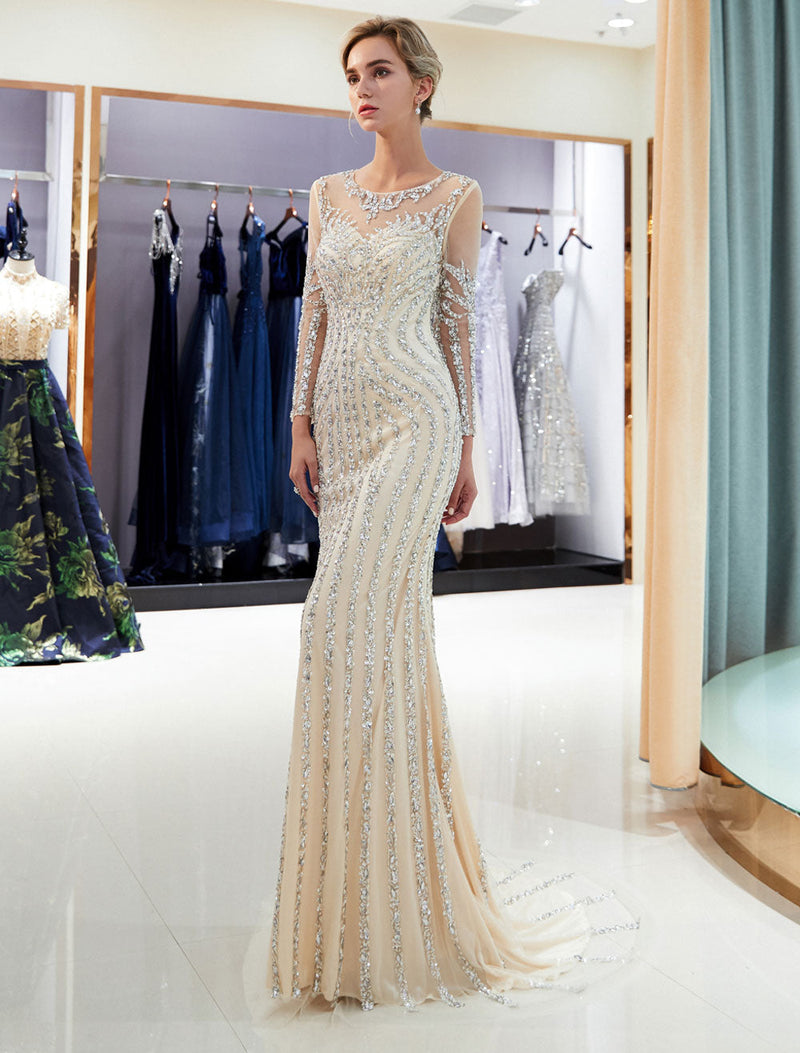 Evening Dresses Long Sleeve Light Grey Mermaid Beading Illusion Luxury Formal Gowns