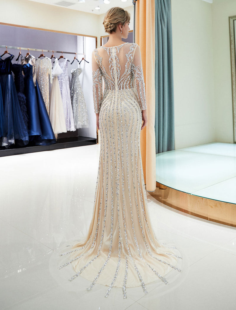 Evening Dresses Long Sleeve Light Grey Mermaid Beading Illusion Luxury Formal Gowns