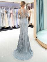 Evening Dresses Long Sleeve Light Grey Mermaid Beading Illusion Luxury Formal Gowns