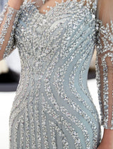 Evening Dresses Long Sleeve Light Grey Mermaid Beading Illusion Luxury Formal Gowns