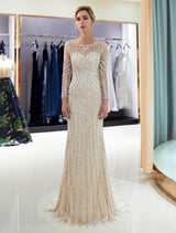 Evening Dresses Long Sleeve Light Grey Mermaid Beading Illusion Luxury Formal Gowns