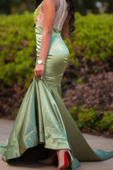 Charming Green Appliques Mermaid Prom Evening Maxi Dress Floor-Length Sweep Train Dress-stylesnuggle