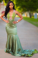 Charming Green Appliques Mermaid Prom Evening Maxi Dress Floor-Length Sweep Train Dress-stylesnuggle