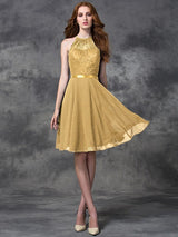 A-Line Charming Halter Lace Sleeveless Short Chiffon Bridesmaid Dresses