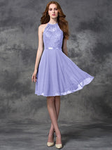 A-Line Charming Halter Lace Sleeveless Short Chiffon Bridesmaid Dresses