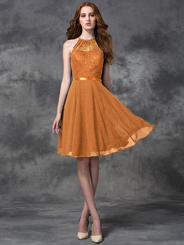 A-Line Charming Halter Lace Sleeveless Short Chiffon Bridesmaid Dresses