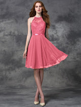 A-Line Charming Halter Lace Sleeveless Short Chiffon Bridesmaid Dresses