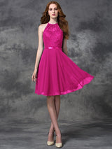 A-Line Charming Halter Lace Sleeveless Short Chiffon Bridesmaid Dresses