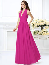 A-Line Charming Halter Pleats Sleeveless Long Chiffon Bridesmaid Dresses