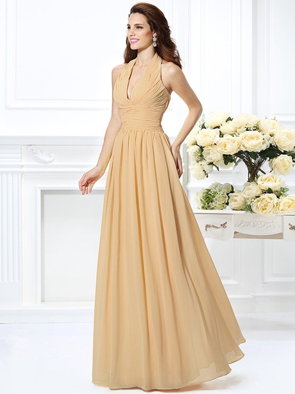 A-Line Charming Halter Pleats Sleeveless Long Chiffon Bridesmaid Dresses