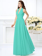 A-Line Charming Halter Pleats Sleeveless Long Chiffon Bridesmaid Dresses