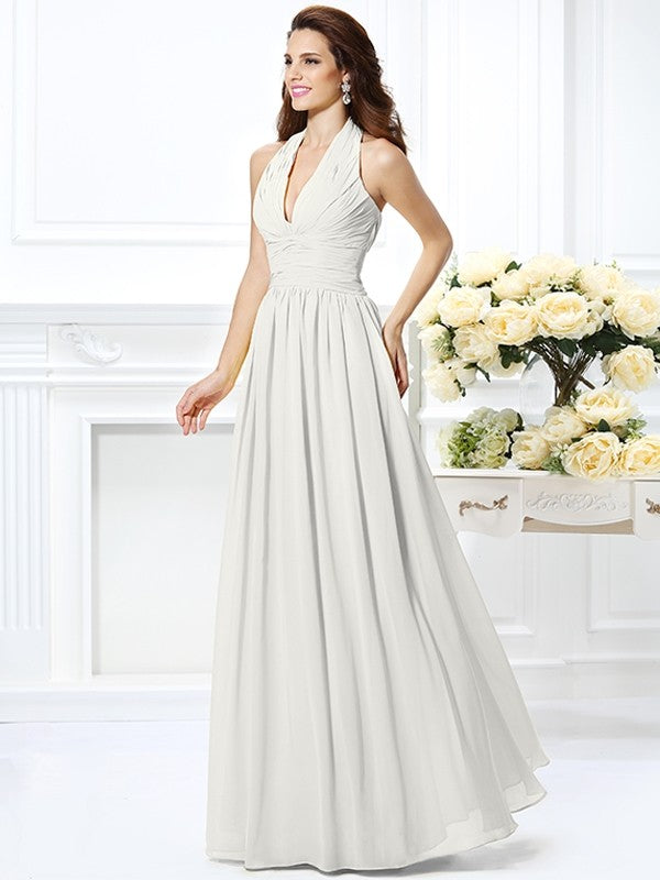 A-Line Charming Halter Pleats Sleeveless Long Chiffon Bridesmaid Dresses