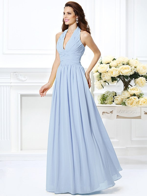 A-Line Charming Halter Pleats Sleeveless Long Chiffon Bridesmaid Dresses