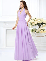 A-Line Charming Halter Pleats Sleeveless Long Chiffon Bridesmaid Dresses