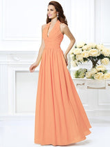 A-Line Charming Halter Pleats Sleeveless Long Chiffon Bridesmaid Dresses