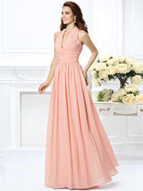 A-Line Charming Halter Pleats Sleeveless Long Chiffon Bridesmaid Dresses