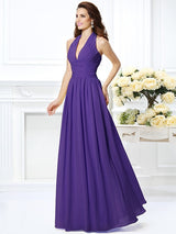 A-Line Charming Halter Pleats Sleeveless Long Chiffon Bridesmaid Dresses