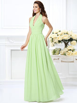 A-Line Charming Halter Pleats Sleeveless Long Chiffon Bridesmaid Dresses