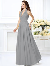 A-Line Charming Halter Pleats Sleeveless Long Chiffon Bridesmaid Dresses