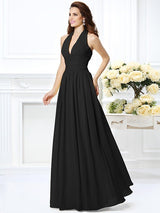 A-Line Charming Halter Pleats Sleeveless Long Chiffon Bridesmaid Dresses