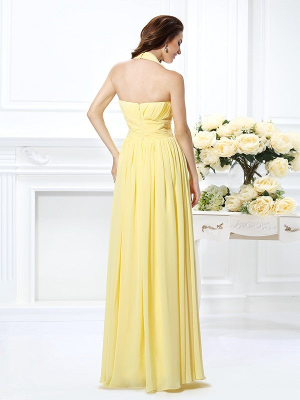 A-Line Charming Halter Pleats Sleeveless Long Chiffon Bridesmaid Dresses