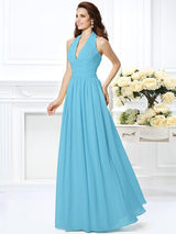 A-Line Charming Halter Pleats Sleeveless Long Chiffon Bridesmaid Dresses