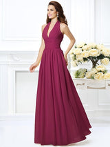 A-Line Charming Halter Pleats Sleeveless Long Chiffon Bridesmaid Dresses