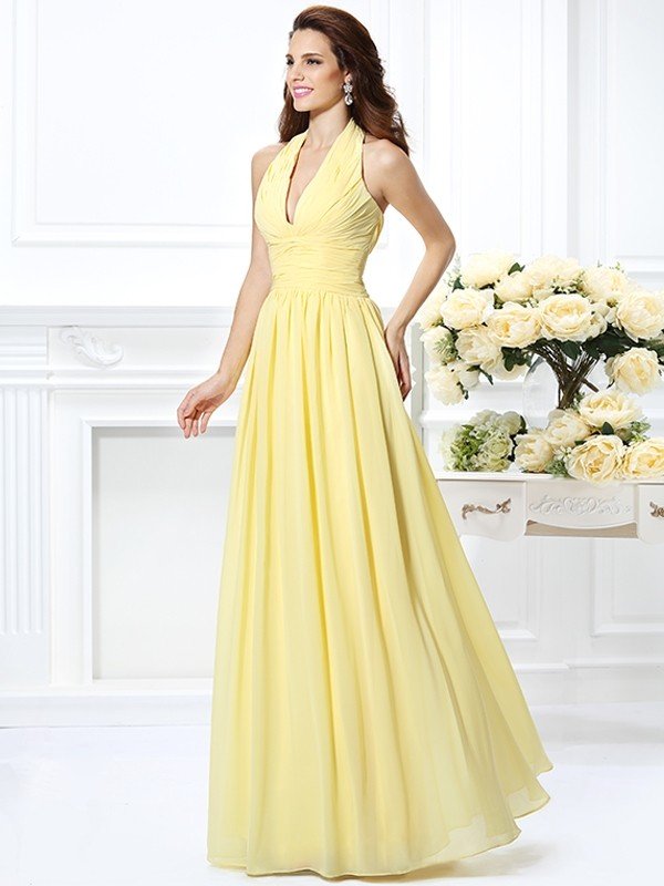 A-Line Charming Halter Pleats Sleeveless Long Chiffon Bridesmaid Dresses