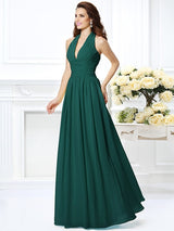 A-Line Charming Halter Pleats Sleeveless Long Chiffon Bridesmaid Dresses