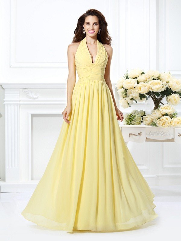 Charming Halter Pleats Sleeveless Long Chiffon Bridesmaid Dresses