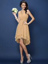 A-Line Charming Halter Pleats Sleeveless Short Chiffon Bridesmaid Dresses