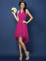 A-Line Charming Halter Pleats Sleeveless Short Chiffon Bridesmaid Dresses