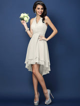 A-Line Charming Halter Pleats Sleeveless Short Chiffon Bridesmaid Dresses