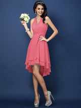 A-Line Charming Halter Pleats Sleeveless Short Chiffon Bridesmaid Dresses