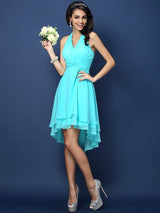 A-Line Charming Halter Pleats Sleeveless Short Chiffon Bridesmaid Dresses