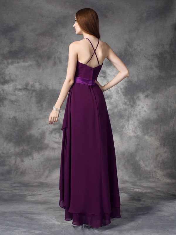 A-Line Charming Halter Ruffles Sleeveless High Low Chiffon Bridesmaid Dresses