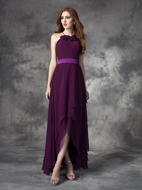 A-Line Charming Halter Ruffles Sleeveless High Low Chiffon Bridesmaid Dresses