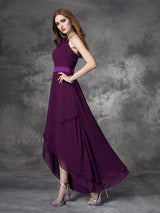 A-Line Charming Halter Ruffles Sleeveless High Low Chiffon Bridesmaid Dresses