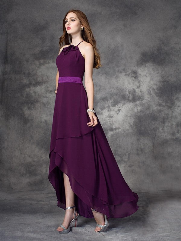 A-Line Charming Halter Ruffles Sleeveless High Low Chiffon Bridesmaid Dresses