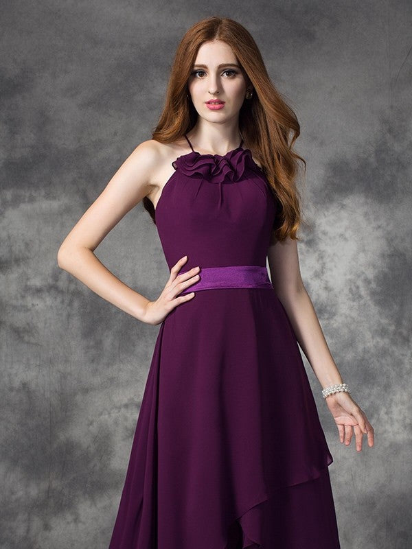 A-Line Charming Halter Ruffles Sleeveless High Low Chiffon Bridesmaid Dresses