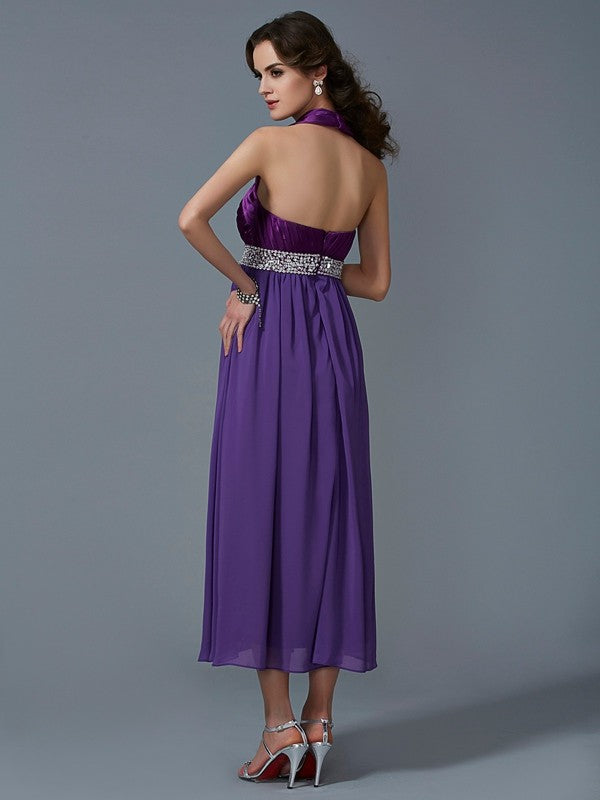 A-Line Charming Halter Sleeveless Beading Long Chiffon Bridesmaid Dresses