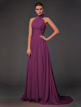 A-Line Charming Halter Sleeveless Hand-Made Flower Long Chiffon Bridesmaid Dresses