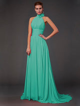 A-Line Charming Halter Sleeveless Hand-Made Flower Long Chiffon Bridesmaid Dresses