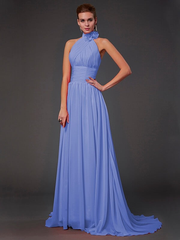 A-Line Charming Halter Sleeveless Hand-Made Flower Long Chiffon Bridesmaid Dresses