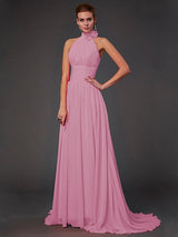 A-Line Charming Halter Sleeveless Hand-Made Flower Long Chiffon Bridesmaid Dresses